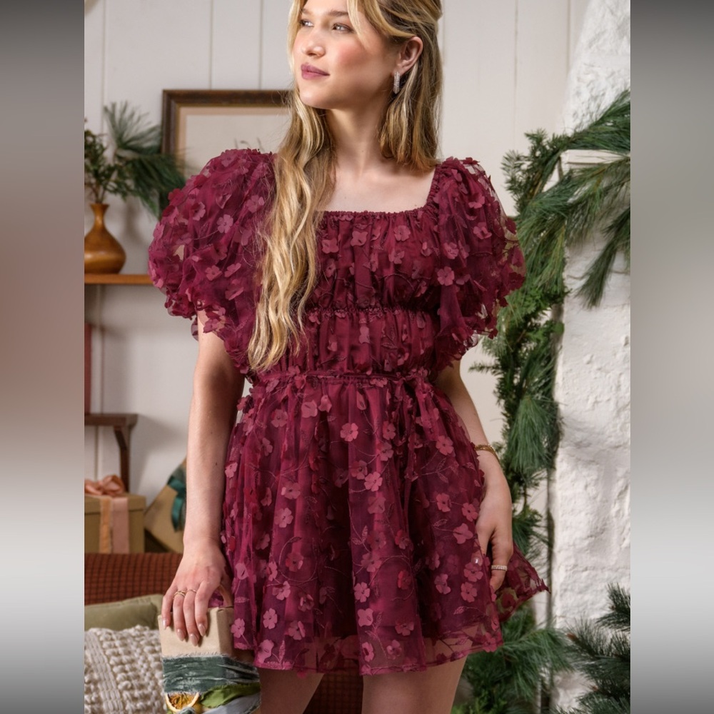 Altar’d State burgundy floral overlay mini dress with puff sleeves